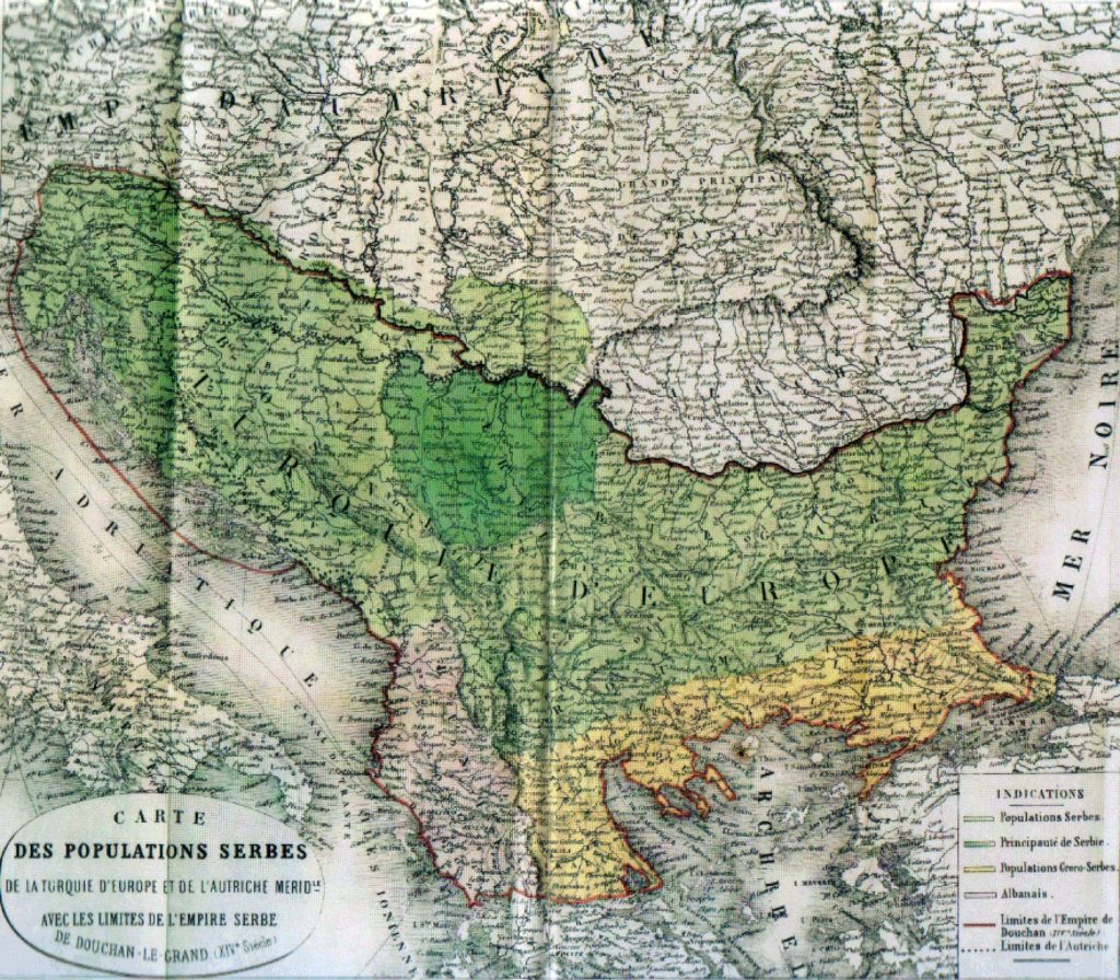 Мапа објављена у Француској 1862. године, која приказује границе Српског царства Душана Великог (XIV век)