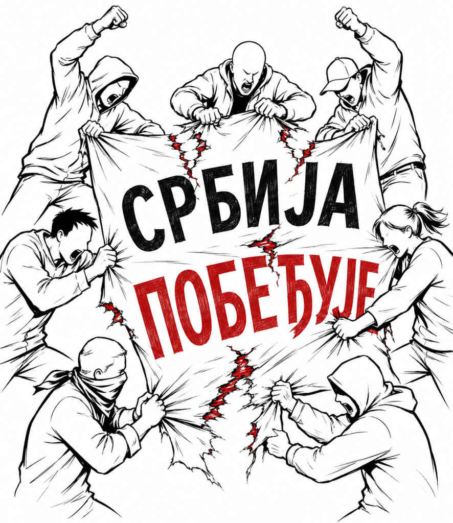 Илустрација цепања плаката са паролом Србија побеђује