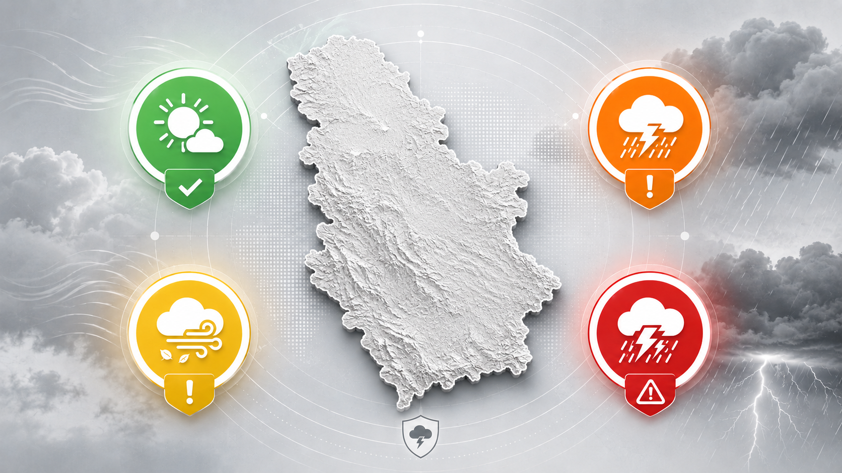 Илустрација за метеоаларме у Србији: Зелени метеоаларм, жути метеоаларм, наранџасти метеоаларм, црвени метеоаларм