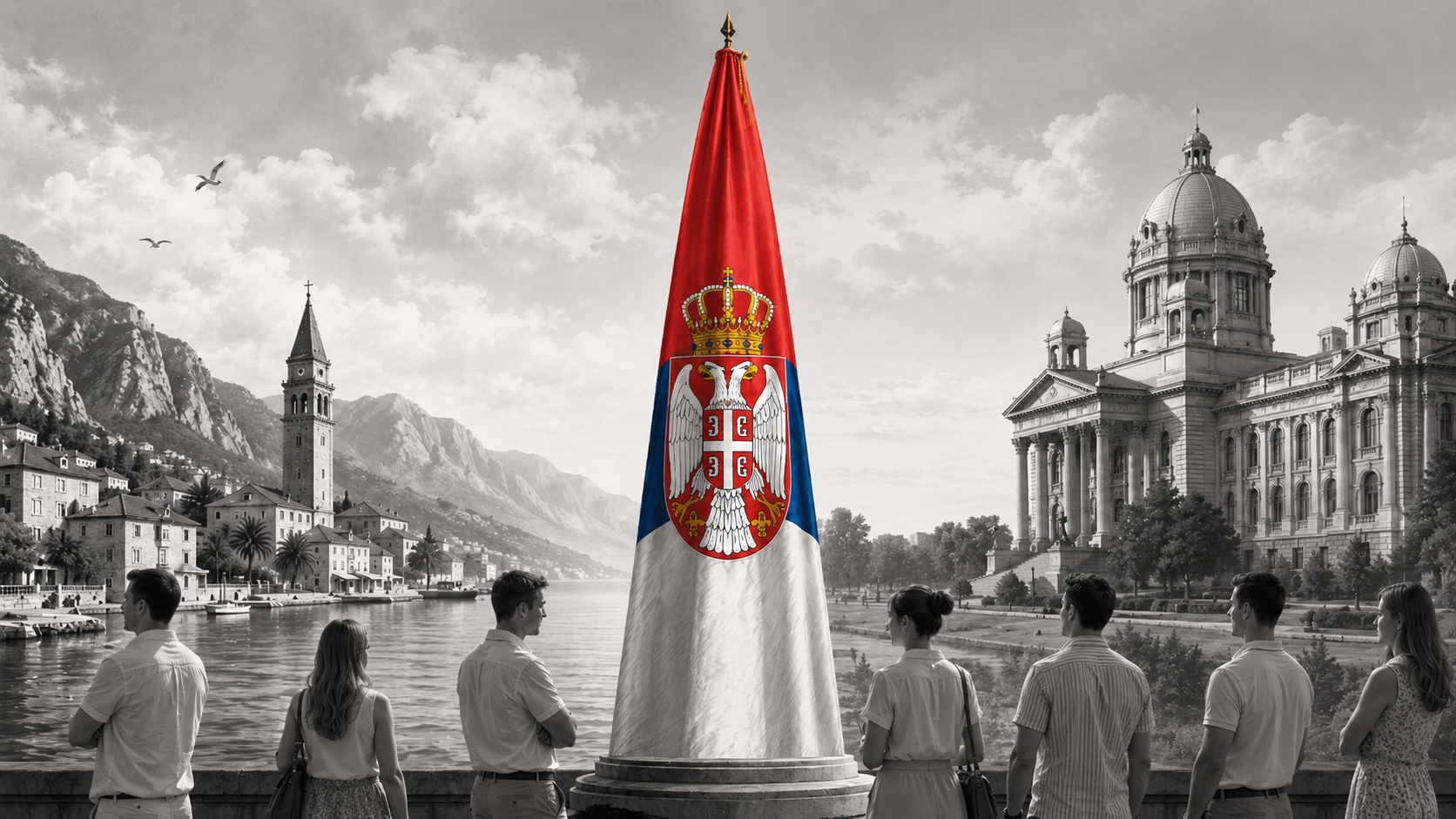 Илустрација односа Црне Горе и Србије са српском тробојком у центру и Котором и Београдом у позадини