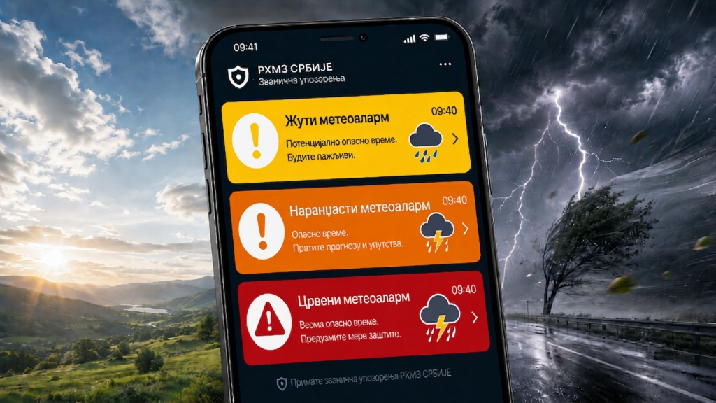 Илустрација СМС упозорења на невреме која приказује жути метеоаларм, наранџасти метеоаларм и црвени метеоаларм