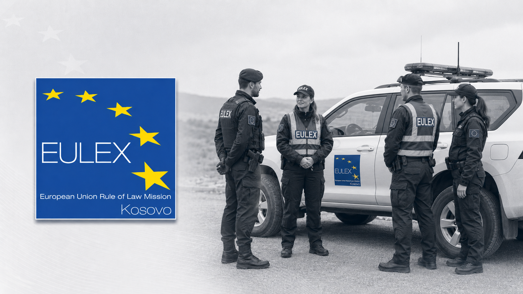 Илустрација припадника мисије Еулекс на Косову и Метохији, уз лого Еулекса