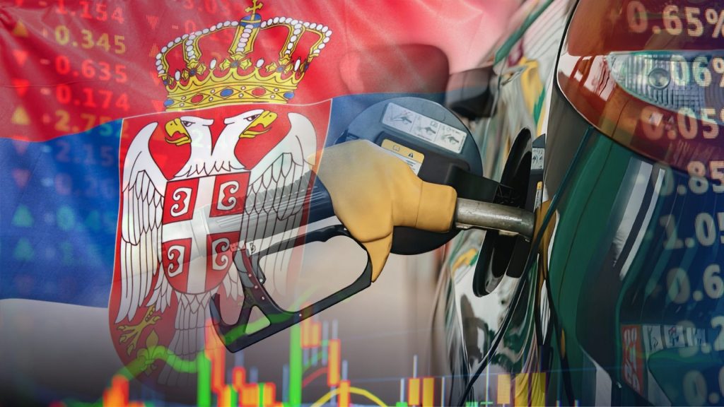 Илустрација цена горива са заставом Србије у позадини и цревом које точи гориво у аутомобил