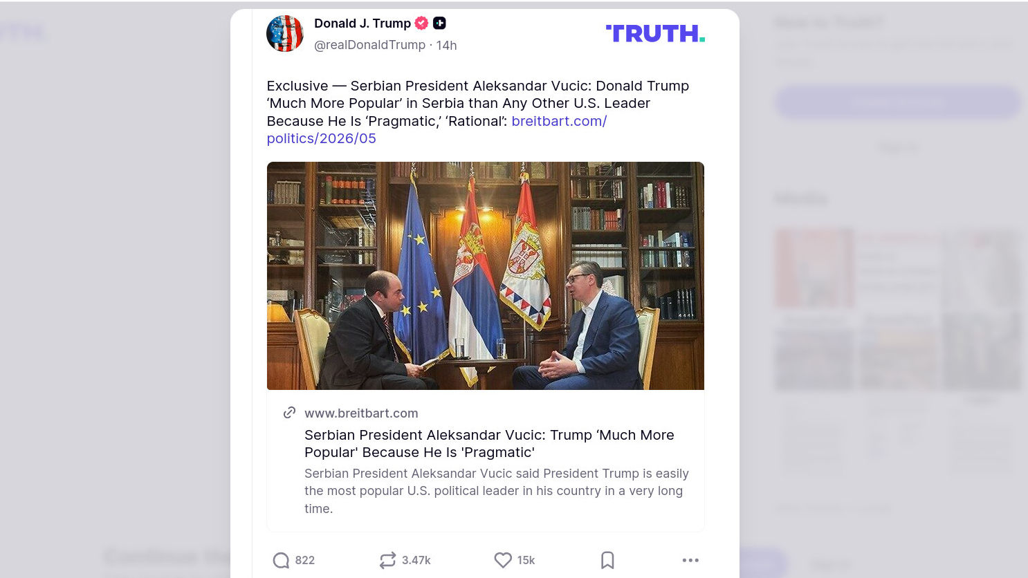 Објава о Александру Вучићу коју је на мрежи Truth Social објавио америки председник Трамп