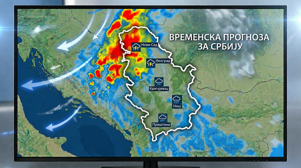 Илустрација сателитског снимка који показује временску ситуацију над Србијом