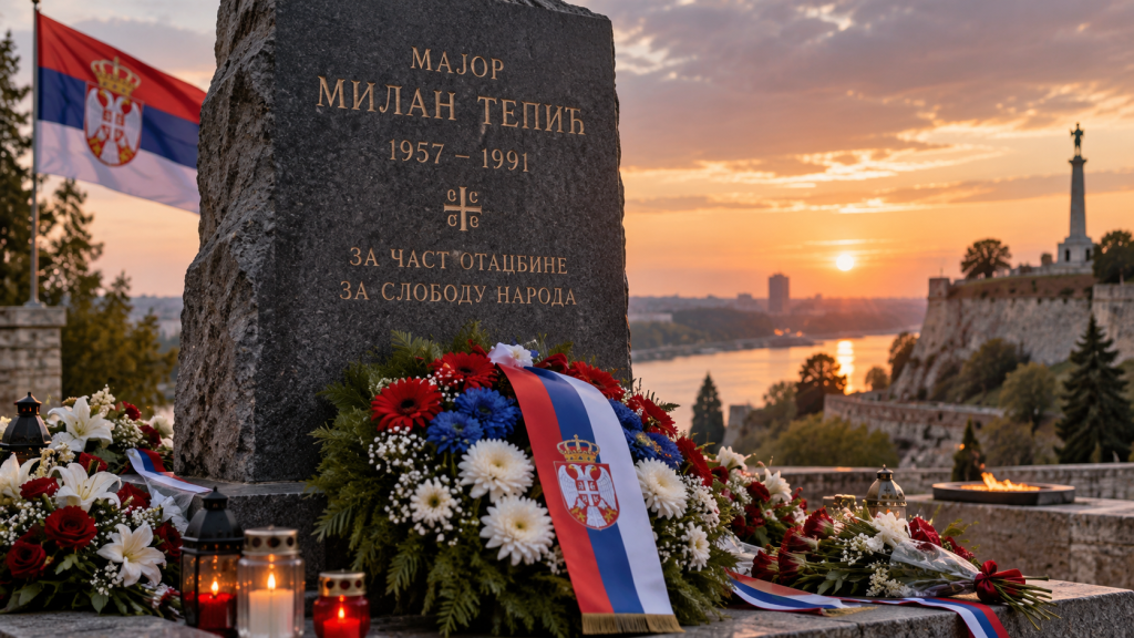 Илустрација спомен-обележја мајору Милану Тепићу са цвећем и српском тробојком у сумрак