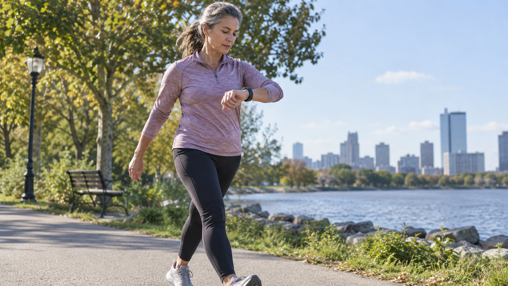 Брзина ходања – жена брзо хода поред воде и проверава време на сату