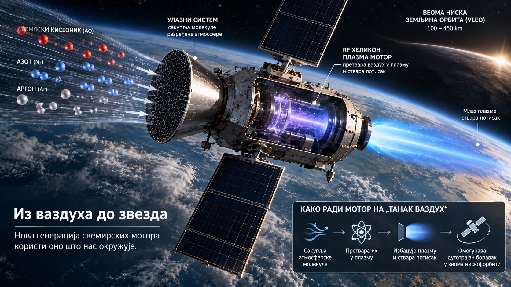 Плазма мотор на ваздух сакупља честице атмосфере и претвара их у потисак за сателит